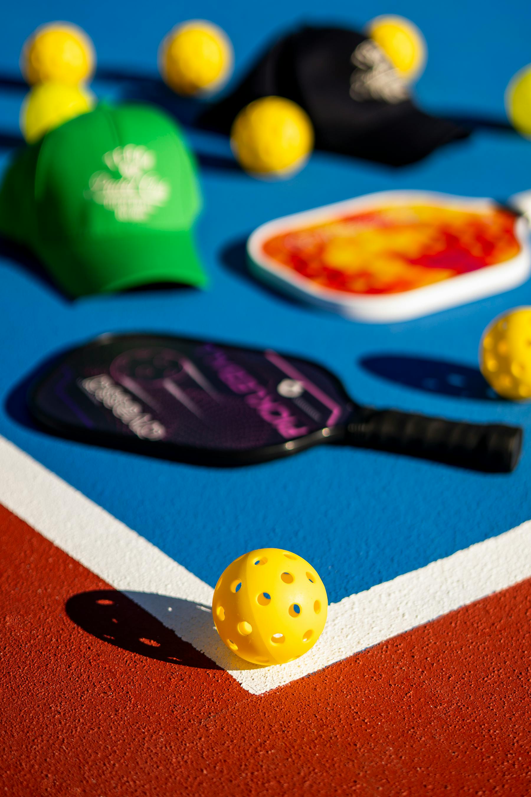 Paddles, balls, and a hat on a newly-finished court surface